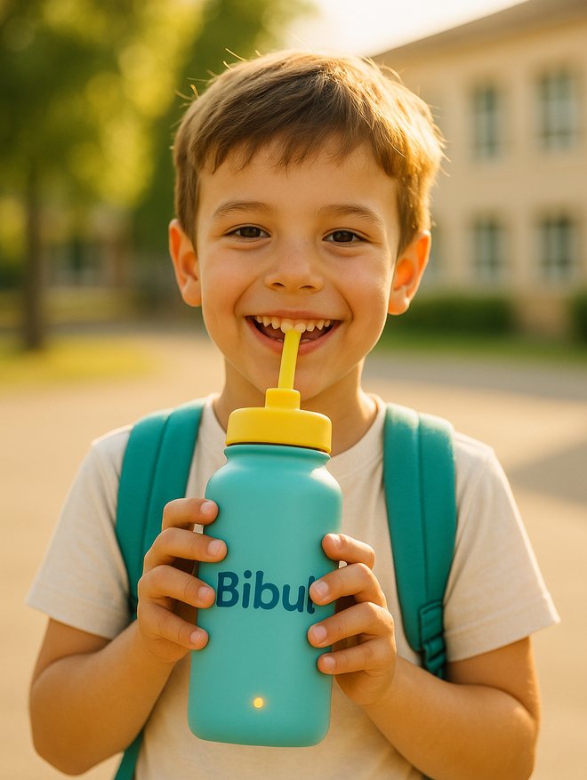 Enfant souriant buvant à la paille de sa gourde Bibul dans une cour d'école